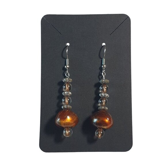 Glass Beaded Drop Earrings Dangle Hook Handcrafted Brown Round Beads Mom Gift - Picture 2 of 6
